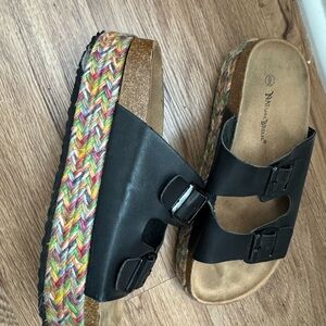 Naturalizer Black Double-Buckle Espadrille Platform Slides with Multicolor Trim